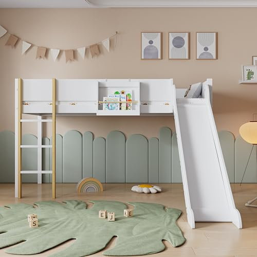 Hochbett, Halbhohes Bett, Etagenbett mit DREI Stufiger Gerader Leiter, Jugendbett mit Rutsche, mit Abnehmbarem Regal, Kiefer+MDF, Weiß+Natur (90x200 cm)
