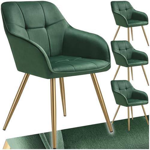 tectake® Samt Stuhl, Esszimmerstuhl mit Stepp Samtstoff, Küchenstühle modern, gemütlicher Sessel Wohnzimmer, Armlehnstuhl Esszimmer, Dining Lounge, Schminktisch Stuhl - dunkelgrün/Gold, 4er Set