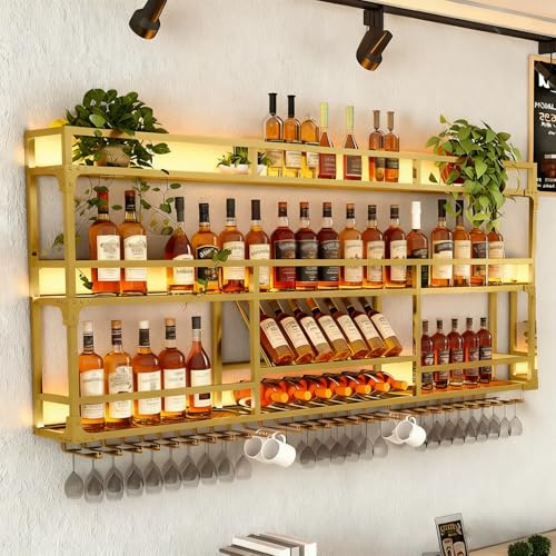 RAJYQODIS Weinregal Wand mit Glashalter, 3 Ebenen Weinpareite Display Rack, Weinflasche Glashalter Wandmontage für Esszimmer Home Bar Küche (Gold-B, 150cm)