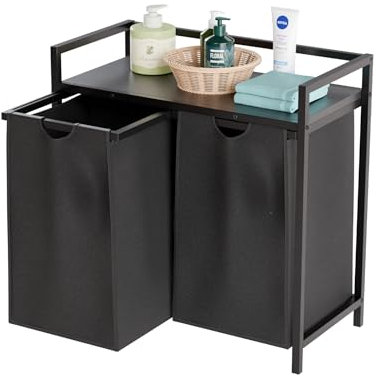 DMD Collective – Dirty Laundry Basket, 2 Compartments 95L, Double Laundry Basket with Shelf and Double Pull-Out Removable Bags, Washing Basket for Laundry Room, Bedroom, Bathroom