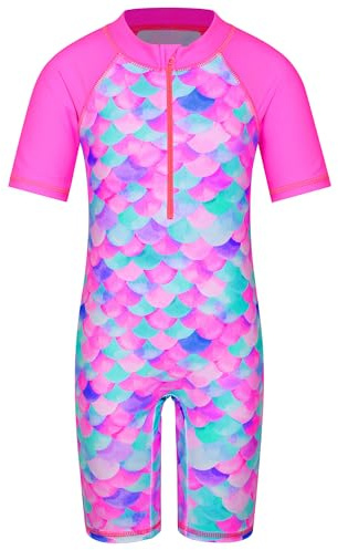HUAANIUE Filles Maillot de Bain 1 Pièce 2-12 Ans, Anti-UV UPF 50+ Manches Courtes, Fermeture Éclair Frontale, Imprimés Colorés, Idéal pour Plage et Piscine (S408-Écailles Roses Vives, 4-5 Ans)