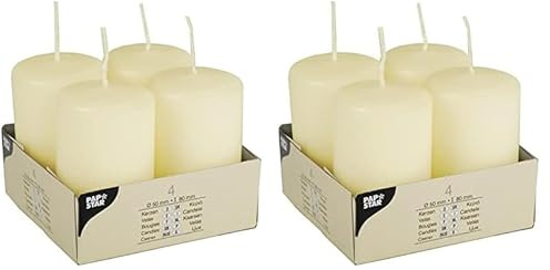 4 Stumpenkerzen Ø 50 mm · 80 mm elfenbein Ivory mit Flachkopf (Packung mit 2)