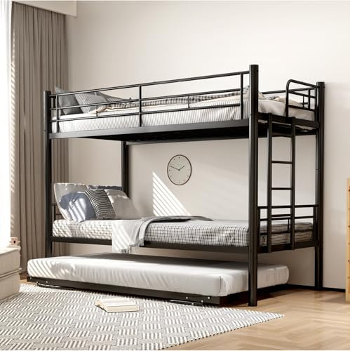 JHYCCDD Etagenbett 90x200 aus Metall Bunk Bed mit Klappbarem Ausziehbett Beds, Frames & Bases für 3 Personen, Bettrahmen Erweiterbar zu Zwei Einzelbetten Oder Erwachsenenbett, Schwarz (Bed)