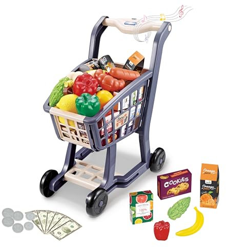 Carro de Compras de Juguete con Música + 41 Accesorios – Incluye Comida, Dinero de Juguete y Sonido – Juguete Educativo para Niños y Niñas +3 Años