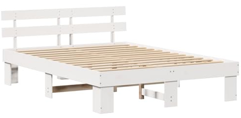 vidaXL Bed Frame with Headboard White 140 x 200 cm, Bedroom Furniture, Modern Bed Frame, Rectangular, Solid Pine, Stylish Design for Master