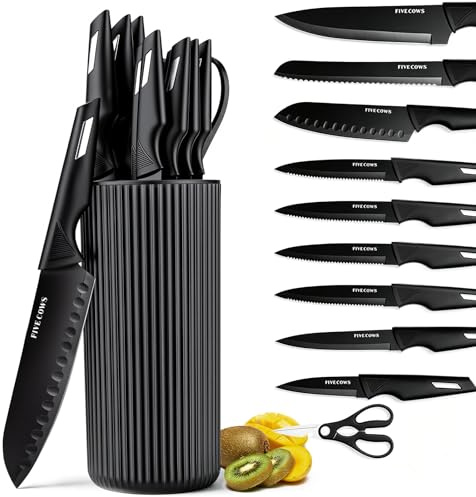 Messerset mit Block, 12 teilig, Küchenmesser Set, 1,8 mm dick | rutschfester Griff, leicht, platzsparend, geeignet für Picknicks im Freien und kleine Küchen, Rostschutz
