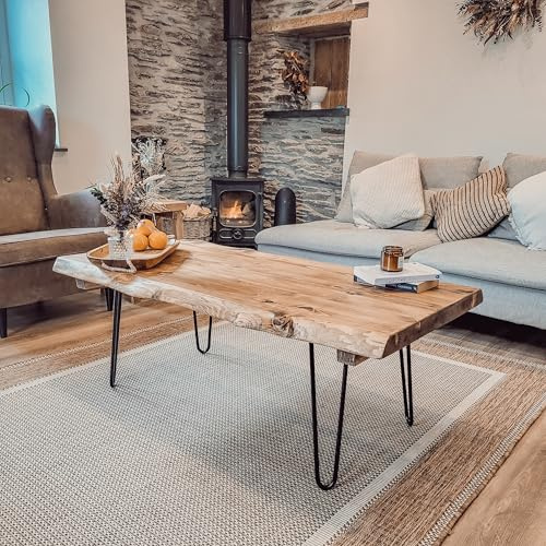 Tribe Joinery VENA Live Edge Solid Wood Coffee Table with Metal Hairpin Legs, Rustic Natural Finish (100x60cm)
