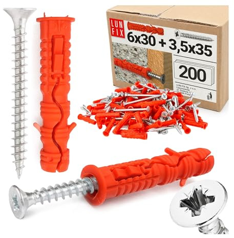 LUN FIX Dübel Set 6x30 mm mit Schrauben 3,5x35 mm 200 Stk Universaldübel | Schlagdübel Hohlraumdübel Dübel Schrauben für Beton Ziegel Gipskarton Trockenbau Wandbefestigung
