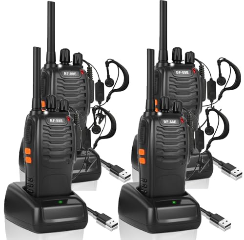 JUAUO 4Pcs Walkie Talkies Long Range Two Way Radios for Adults | 16 Channels, 1500mAh USB Rechargeable Battery, PMR446, VOX, with Earpieces, LED Flashlight, Camping Hiking Travel Work