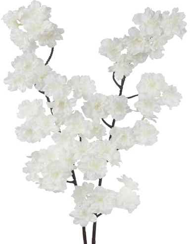 CEWUDA 2 Stück Künstliche Kirschblütenzweige Seidenblumen Kirschblüten Lange Stiele Kunstblumen Weiß Plastikblumen Deko für Vase Zimmer Balkon Tisch Garten Feiern Frühling
