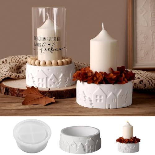 Silikonformen Gießformen Kerzenhalter Haus Rund, Silikonform Kerzenhalter Haus, 3D Gießform Teelichthalter Häuser Adventskranz, Gipsformen zum Gießen Kerzen Halter, Beton Gießform, Silicone Mold (J)