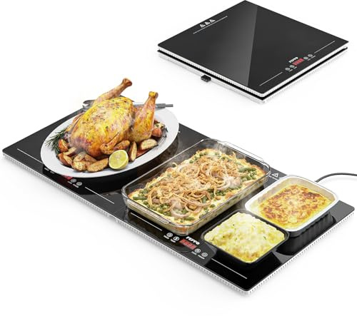 FEPPO Vassoio riscaldante elettrico con controllo indipendente della temperatura e del timer, scaldavivande modulare 2 in 1 per feste buffet, tappetino riscaldante per alimenti con superficie in vetro