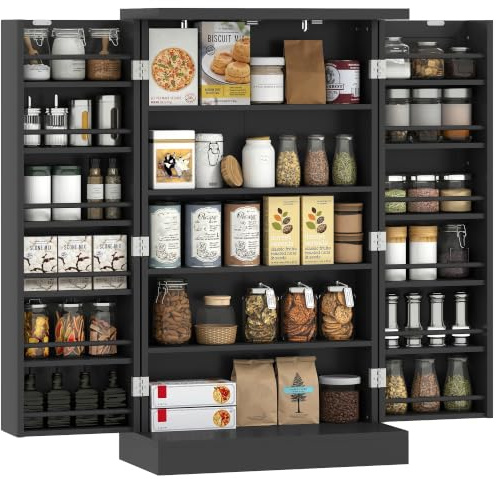 HOMCOM Kitchen Cupboard 104cm Pantry Cabinet, Double Doors, 5 Tiers, Black | Kitchen Storage Organiser, Double Doors, 12 Spice Racks, Adjustable Shelves