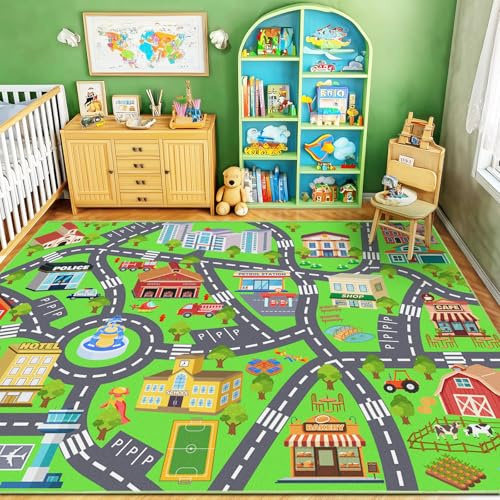 Rezutan Autoteppich Kinder mit Straße, Kurzflor Waschbar & rutschfest Teppich für Kinderzimmer, spielteppich straße für Klassenzimmer, Spielzimmer, Schlafzimmer, 200X300cm