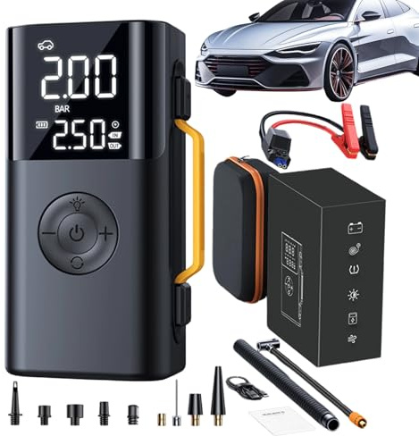 Démarreur de Batterie avec Compresseur d'air,Pack Chargeur de Batterie Rechargeable 10000mAh,Compresseur d'air avec Affichage Numérique | pour Les Voyages Road Trip Les Déplacements Le Garage Les