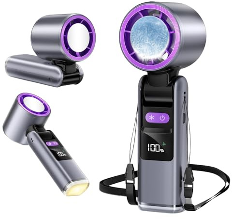 LETOUR Handheld Fan with Ice Cooler, Portable USB Rechargeable Turbo Fans, Personal Mini Electric Handheld Fan 5 Speeds Led Display Foldable Small Fans with Lamp for Home Office Travel Camping