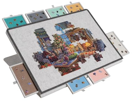 SanCallie Kippbares Puzzlebrett mit 2-in-1 entworfenem Ständer & Abdeckung, Leichter Aufbewahrungskoffer aus Filz mit 8 Schubladen, tragbares Puzzlebrett für Spiele bis zu 1500 Teile