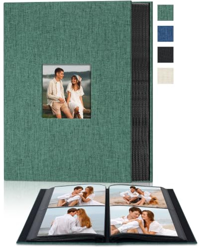 Remowith Stoff-Fotoalbum 10x15 200 Fächer mit Sichtfenster vorne, Grün | Hohe Kapazität, Horizontale Einschübe, Säurefreie Seiten, Staub- Und Wasserdicht, Für Familien- Und Reisefotos