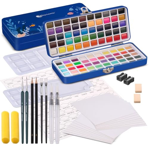 Playtastic Aquarellfarbkästen: 2 Aquarellfarben-Sets mit je 100 Farben, Metallbox, 3 Pinsel, Papier (Aquarellfarben-Sets mit Zubehör, Künstlerfarben)