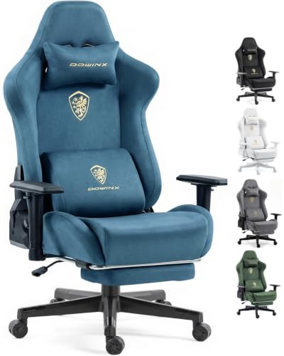 Dowinx Gaming Stuhl, Ergonomischer Gamer Chair mit Fußstütze, Wildlederimitat Gaming Sessel mit 90°-155° Rückenlehne, 150KG Belastbarkeit PC Stuhl, Computerstuhl mit Flüsterleise PU-Rollen, Blau