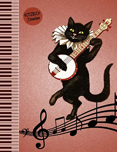 Notenlinien Notizbuch: Notenpapier Notenbuch Notenlineatur Katze spielt Banjo für musikalische Katzenfans