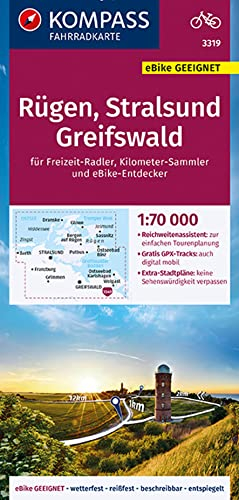 KOMPASS Fahrradkarte 3319 Rügen, Stralsund, Greifswald 1:70.000: reiß- und wetterfest mit Extra Stadtplänen