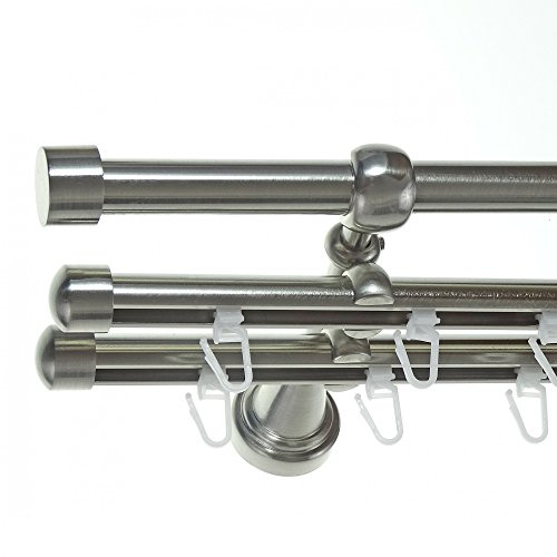 BASIT Gardinenstange Innenlauf Edelstahllook 16mm 3-läufig Wand 160cm H14 | Gardinenstangenset dreiläufig Wandmontage Metall Vorhangstange Wandhalterung 120-600cm wählbar Kappe E16