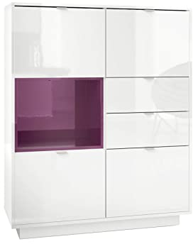 Vladon Highboard Sideboard Metro, Made in Germany, Korpus in Weiß Hochglanz/Fronten in Weiß Hochglanz mit Einsatz in Brombeer Hochglanz