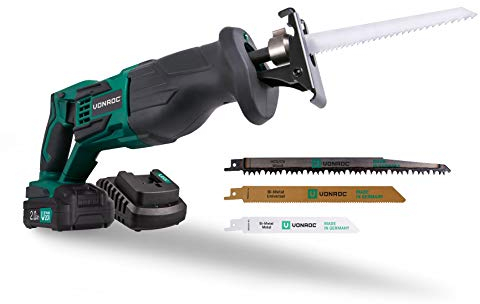 VONROC Sierra de calar inalámbrica VPower 20V, juego completo incl. 1x batería de 2.0Ah, cargador rápido, bolsa de almacenamiento y 3 hojas de sierra para madera y metal