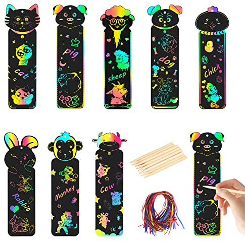 LANMOK Kinder Lesezeichen, 40 Pcs Süßes Tier Kratzbilder Art Lesezeichen DIY Regenbogen Kratzpapier Scratch Kratzbilder Basteln mit Holzstiften und Bändern für Studenten Party Geschenkanhänger