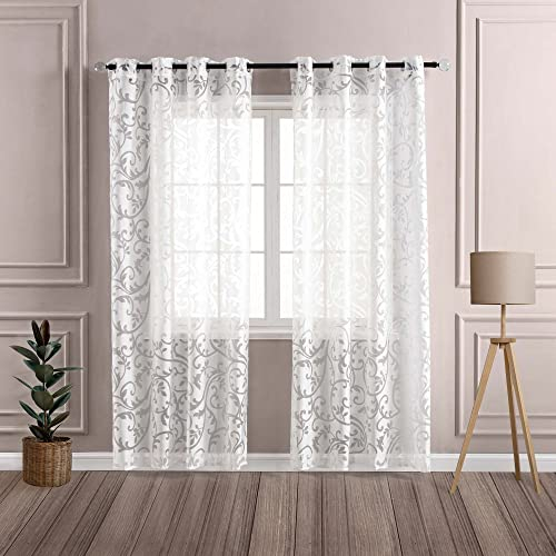 Delien Voile Ausbrenner Gardine mit Ranken Muster transparenter Vorhang mit Ösen Wohnzimmer Gardinenschals BxH 140x145cm Weiß 1 St.
