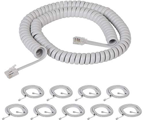 Spiralkabel für PBX-Telefone, VoIP-Telefone – 3,6 m abgewickelt, RJ22, 3,8 cm Kabel an beiden Enden, Hellgrau, 10 Stück