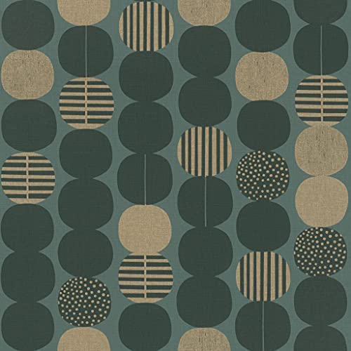 Rasch Tapeten 539752 aus der Kollektion Amazing-Grafische Vliestapete mit Kreisen in Olivgrün und Gold auf einem Hintergrund in Grau-Grün und leichter Struktur – 10,05m x 53cm (L x B) Tapete