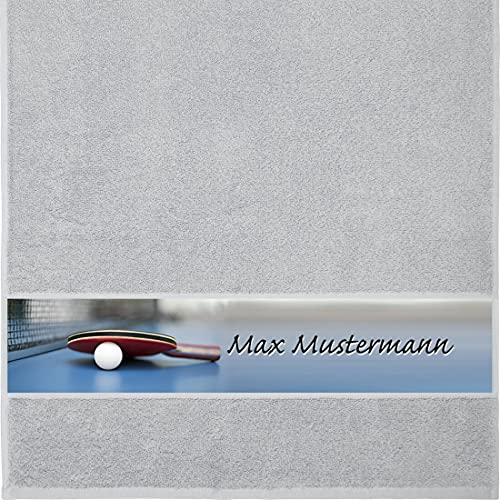 Manutextur Handtuch mit Namen - personalisiert - Motiv Tischtennis - viele Farben & Motive - Dusch-Handtuch - hellgrau - Größe 50x100 cm - persönliches Geschenk mit Wunsch-Motiv und Wunsch-Name