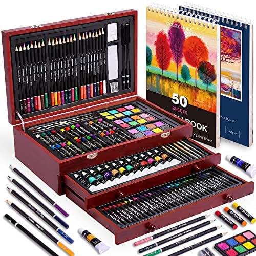 Juego de arte de lujo de 175 piezas con 2 almohadillas de dibujo, pinturas acrílicas, ceras, lápices de colores en estuche de madera, kit de arte profesional, para adultos, adolescentes y artistas,