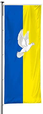Vispronet Ukraine Flagge mit Friedenstaube, Fahne/Flagge im Hochformat für Ausleger, glänzendes Polyestergewirke, hissfertig (150 x 400 cm)