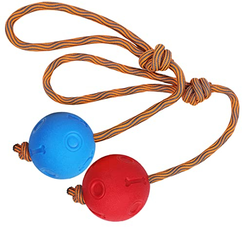 Kacouni Hundeball mit Schnur, 2 Stück Wurfball mit Seil, Langlebig, Weich und Elastisch Vollgummiball für Agilität und Extrem Weite Würfe, Fangen und Ziehen des Krieges (5 cm, Blau + Rot)