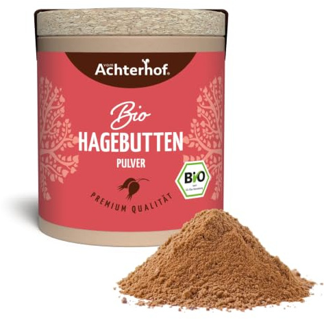 Hagebuttenpulver Bio 50g | ganze Hagebutte gemahlen | fruchtiges, süß-würziges Aroma | 100% Bio Hagebutten Pulver in Rohkostqualität | vom Achterhof