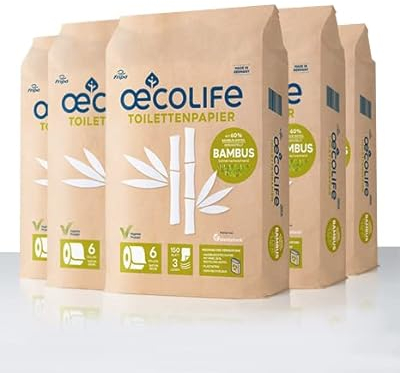 oecolife Toilettenpapier BAMBUS, 3-lagig, 30 Rollen á 150 Blatt, superweich, plastikfrei verpackt, vegan, nachhaltiges Klopapier