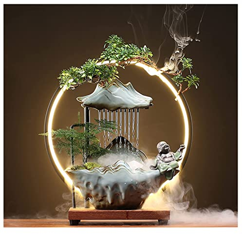 HSINYA Fontaine à eau en céramique avec 2 bouddhas à DEL, fontaine à eau avec porte-encens à refoulement pour rues Feng Shui, décoration japonaise en plein essor de richesse