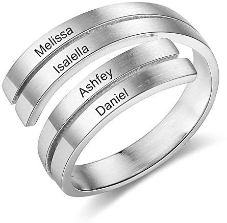 kaululu Personalisierte Damen Ringe mit Namen Gravur Silber Edelstahl Kreuz Ringe Schmuck Ring Geschenk für BFF Mutter Tochter (names 4)