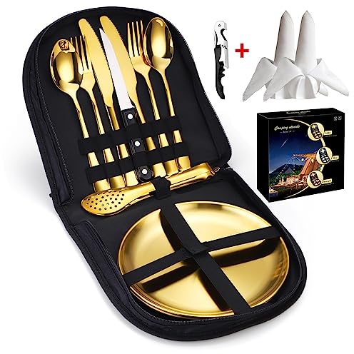 BBTISG 13-Piece Camping Cutlery Set, Outdoor Camping Cutlery Setfor 2 People Cookware Camping Cutlery Set for Outdoor Cookware, Travel, Hiking (Gold)