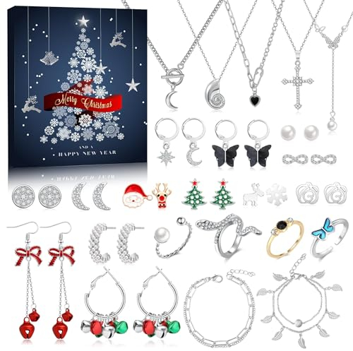PIIDUOO Adventskalender Schmuck 2024 Frauen Weihnachtskalender - Adventskalender Schmuck Silber Mode Teenager Mädchen Damen mit Halskette Armband Ringe Ohrringe 24 Überraschungen Geschenke