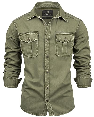 FALKENSTEJN Herrenhemd - Modell Riccaldo - 100% Baumwolle – Vintage Hemd Cargo Langarm-Hemd für Männer - Hoher 3 Farben (XL, Army)