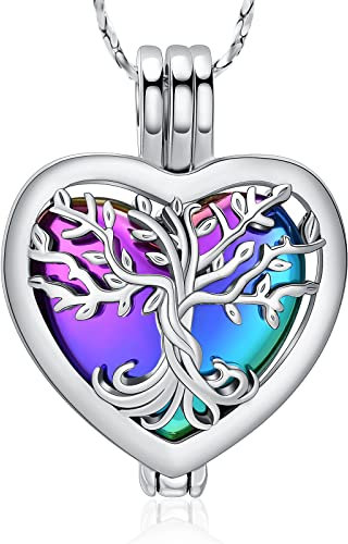 Tree of Life Urn Necklaces for Ashes Heart Shape Cremation Jewelry Memorial Keepsake Jewelry Gifts for Women Men Memorial Lockets Ashes Holder for Pet (Silver-rainbow)
