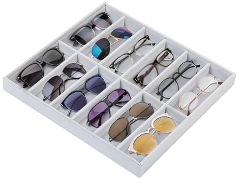 Scatola portaoggetti per occhiali da sole, 12 scomparti, 38 x 36 x 3,7 cm, porta occhiali e orologi, impilabile, vassoio per gioielli, divisori interni, grigio, Minimalista