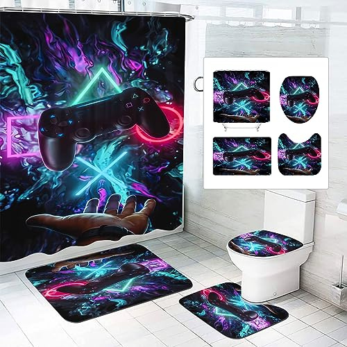 SMchwbc 4-teiliges Gaming-Duschvorhang-Set Gaming Duschvorhang 180x200 Gamer GamingTextil Duschvorhänge Polyester Badezimmerteppich 4-teiliges Set (120 x 200 cm(BxH),4)