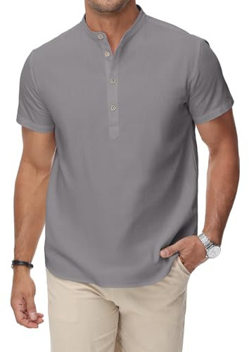 HMIYA Herren Sommerhemd Baumwolle Leinen Kurzarm Hemd Herren Henley-Kragen Lässiges Regular Fit Shirts