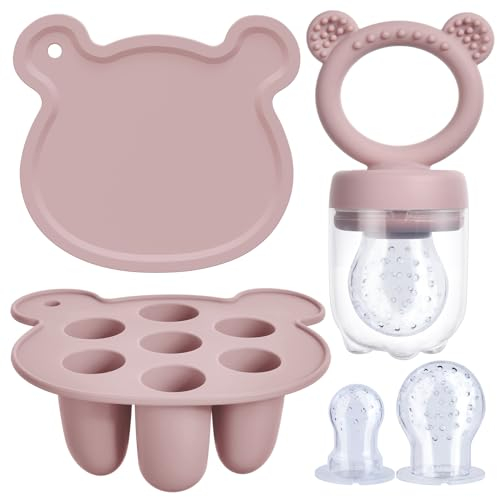 Aolso Baby Fruit Food Feeder Set, Silicone Baby Fruit Feeder Pacifier & Breastmilk Popsicle Food Freezer Trays, Baby Food Storage Containers Feeder for Safe Infant Self Feeding (Pink)