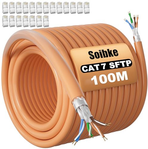 Cable Ethernet 100 Metros, Cat 7 Cable de Red Largo 100m Cable RJ45 Alta Velocidad Cable LAN Blindado Exterior Interior Cable Internet, Granel Cable Wifi Bobina Cable Wlan SFTP Instalación Cable